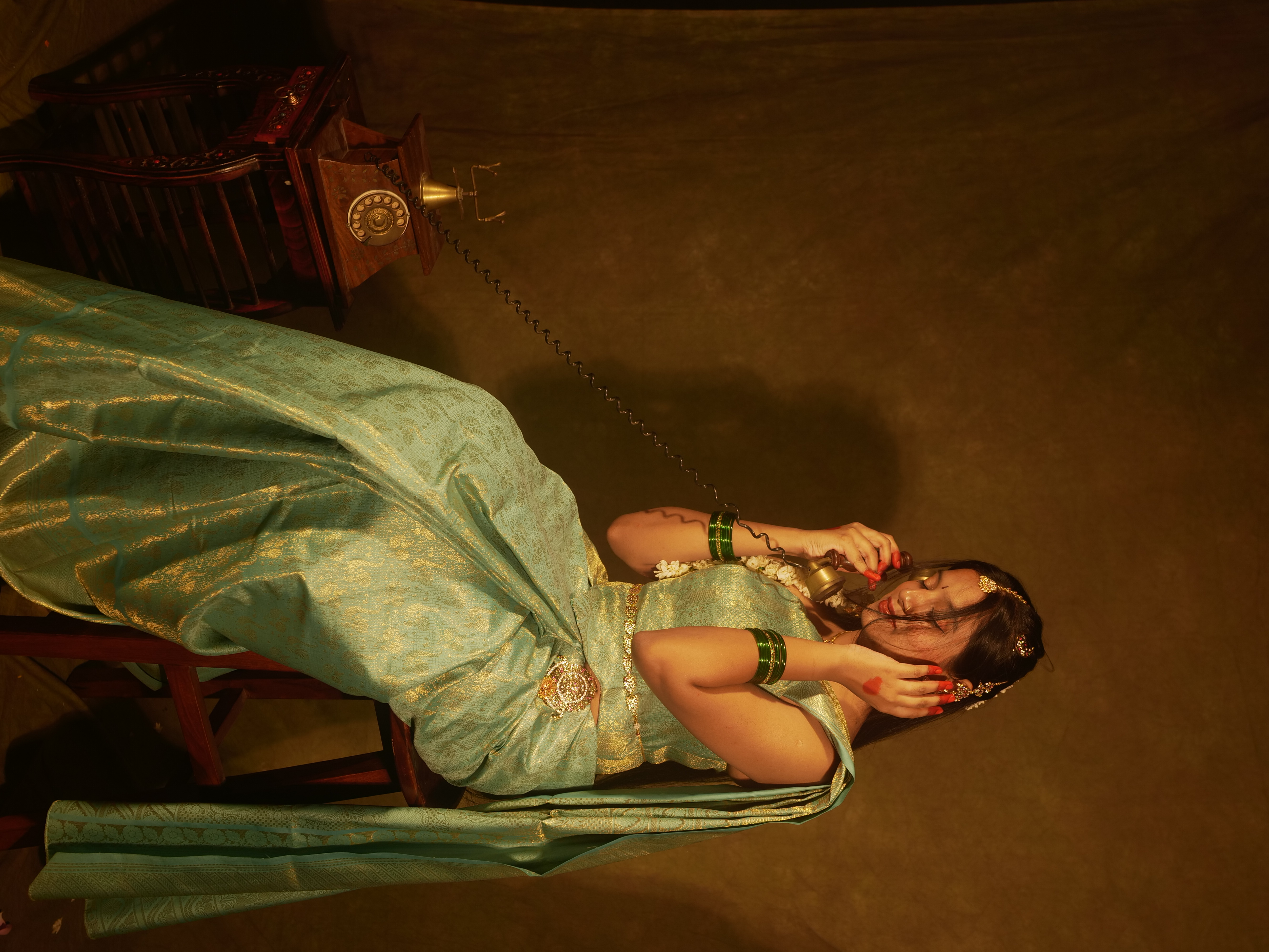 Look VI - Hero Bridal Seated Portrait in Midnight Peacock Silk